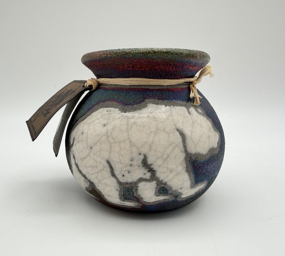 Jeremy Diller Raku Pottery Mini Pot Vase with Bear 3” Earth & Fire Signed Mexico